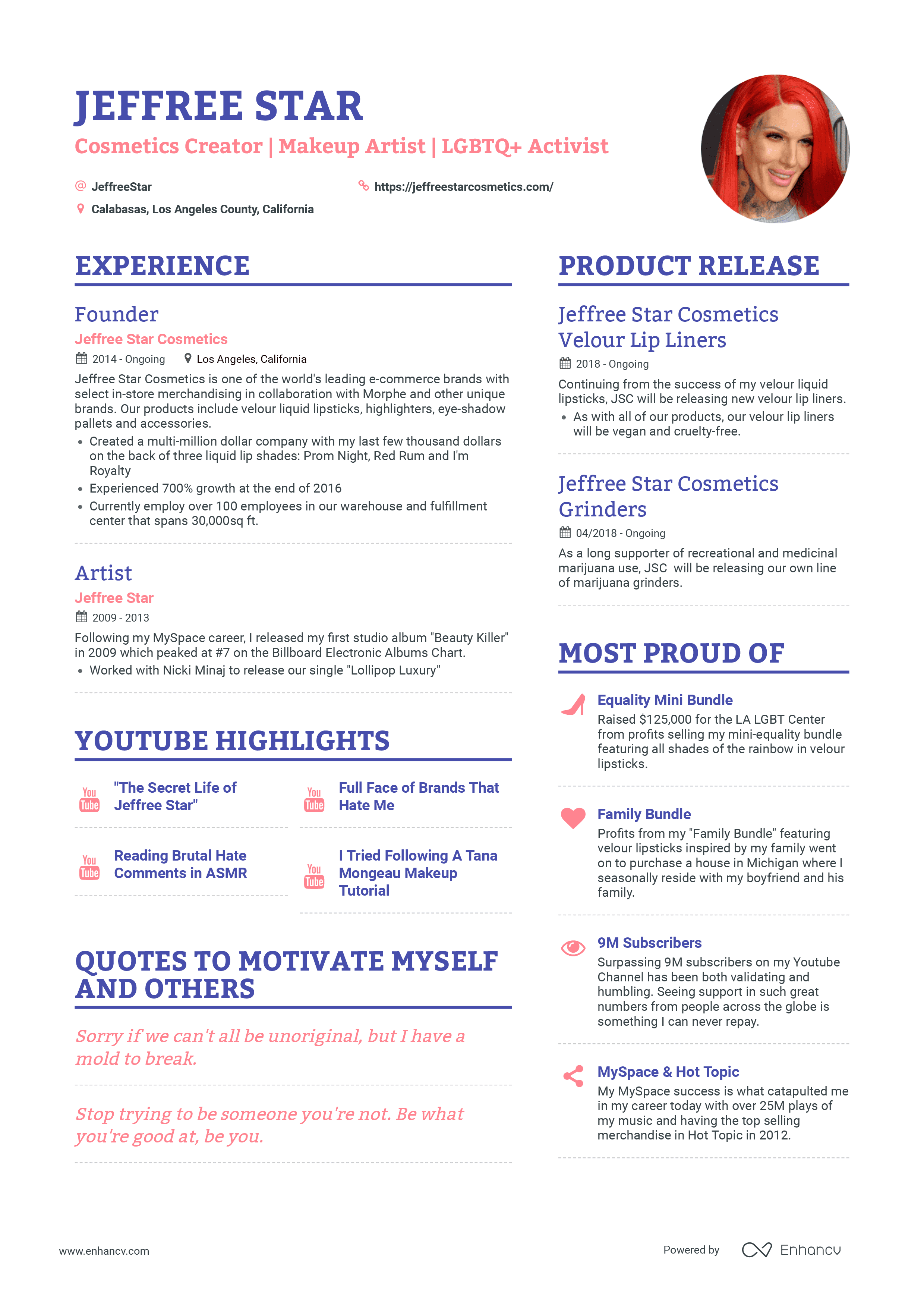 Jeffree Star's resume preview